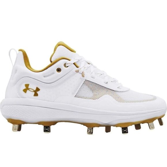 New Under Armour Women's Glyde Metal Fastpitch Softball Cleats gold white ball - Picture 3 of 7